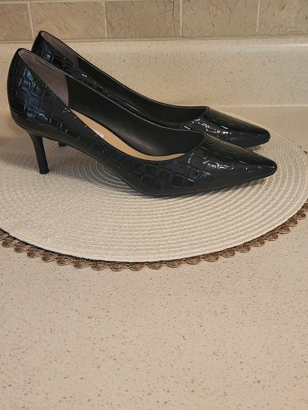 Nina Black Patent Leather Croc-Embossed Pointed Toe Kitten Heels